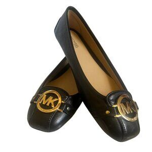 Michael Kors Women's Black Leather Fulton Moc Flats 38.5 w/Gold MK Logo NWOB